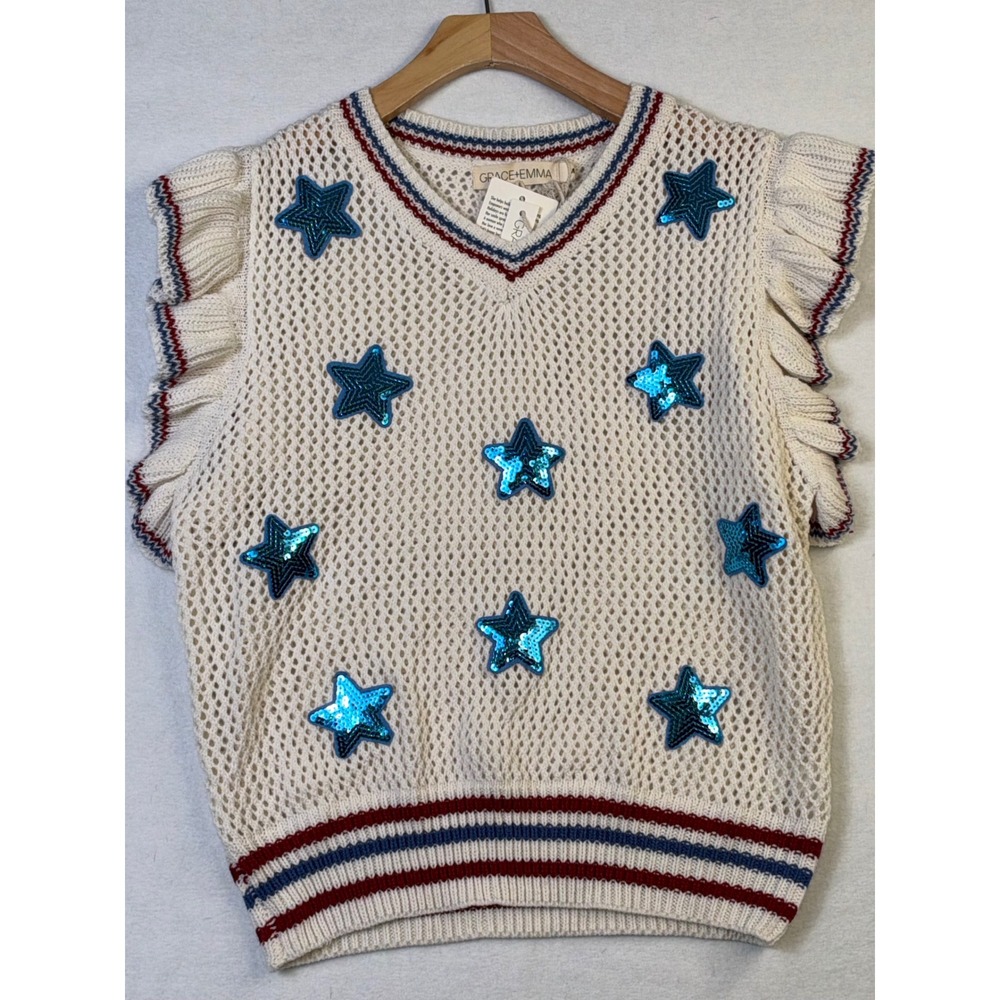 Grace+Emma Women Sequin Star Ruffle Sleeve Open Knit Sweater Vest Cream Medium - Picture 1 of 8